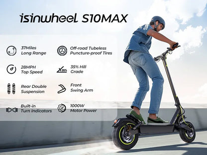 Isinwheel S10 Max Adult Electric Scooter 10 inches Off-Road Pneumatic Tires Foldable City Electric Scooter 1000W 48V15Ah Battery.