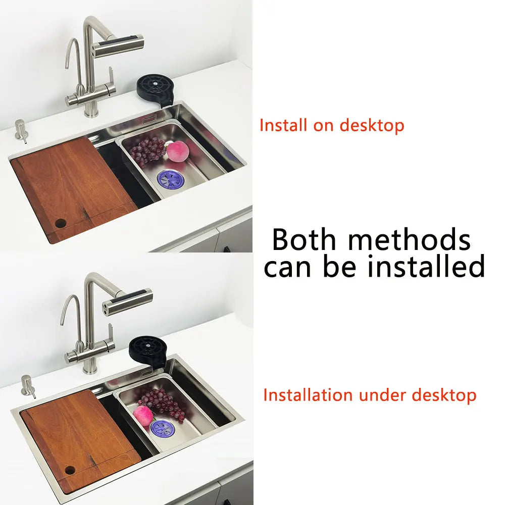 Unterbau-Küchenspüle aus Edelstahl 304, obermontierte Waschbecken mit Wasserfall-Wasserhahn, multifunktionales Einzelwaschbecken