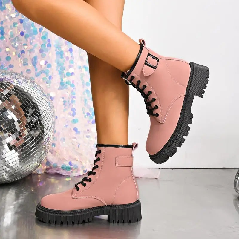 Chunky Platform Thick Heel Pink Ankle Boots Women 2025 Winter Punk Thick Bottom Lace Up Motorcycle Boots Metal Buckle Booties.
