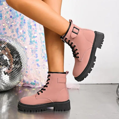 Chunky Platform Thick Heel Pink Ankle Boots Women 2025 Winter Punk Thick Bottom Lace Up Motorcycle Boots Metal Buckle Booties.