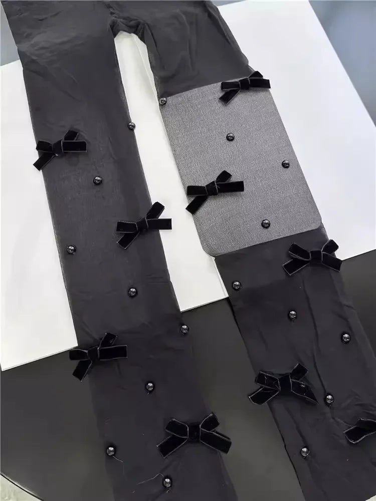 Y2K Velvet Bow Embroidery Pearl Tights Pantyhose Fashionable Simple Female Stockings JK Styles Cute Sweet Girls Chic Stocking.