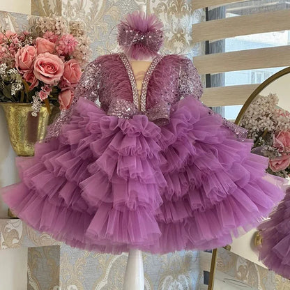 Wunderschönes und elegantes langärmliges Mädchenkleid mit V-Ausschnitt und Pailletten für Kinderklavieraufführungen, Laufsteg-Performance-Mesh-Kuchenkleid