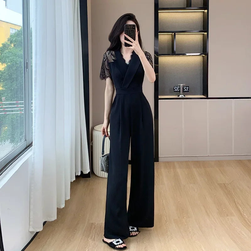 LYX High-Cold Lady Style Romper Women Summer Short Sleeve High Waist Lace Splicing Hollow out One-Piece Straight Leg Pants.