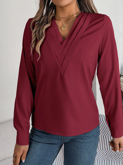 Summer And Autumn Women's Casual Shirt, Commuting Style Solid Color V-neck Long Sleeve Shirt Top.