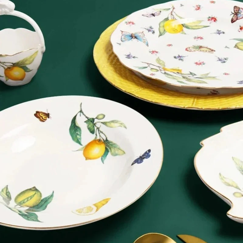 Europeanc Style Ceramic Dining Plate Elegant Lemon Pattern Dinner Steak Plate Coffee Cup Set Western Cuisine Dessert Plate.