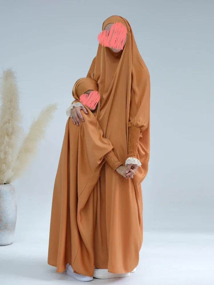 Ramadan Muslim Robe 2 Piece Set Mommy & Kids Prayer Garment Hijab Dress Women Girls Hooded Abaya Niqab Islam Dubai Eid jilbab.