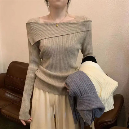 Solide Sexy Schlank Off Schulter Slash Neck Langarm Stricken Pullover Frauen Jumper Büro Mode Neue