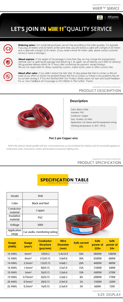 2 pin wire Electric Cable Strand Copper Wire Flat Flexible Cable For Car Light Lamp Speaker Audio Signal 14 16 18 19 20 22 AWG.