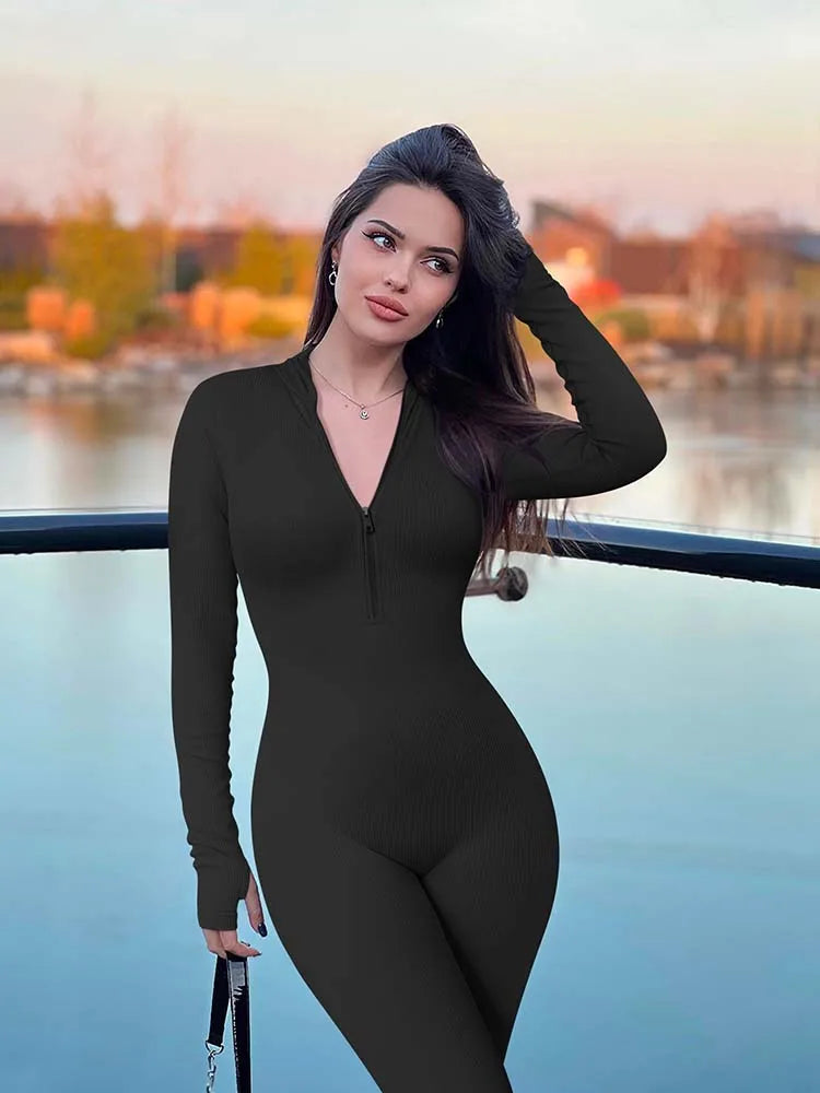 2025 New Long Sleeve Panty Wrapped Hip Lifting Casual Fitness Jumpsuits.