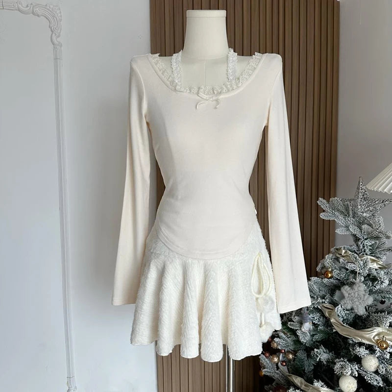 MEXZT Kawaii White Mini Skirts Women Preppy Cute High Waist Skirt Winter Japanese Streetwear Lace Up Chic Slim A Line Faldas New.