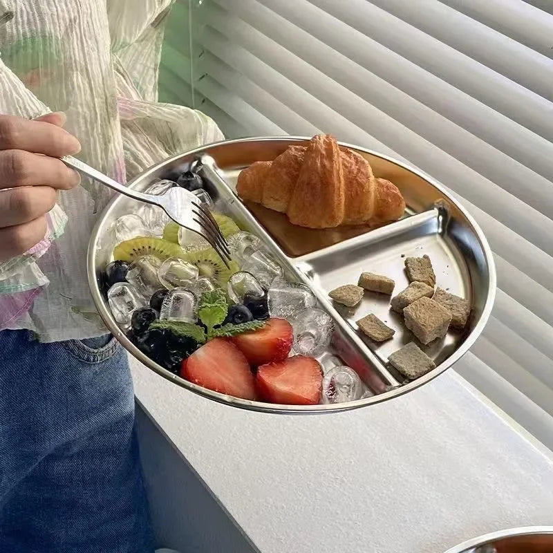 23CM Creative Round Stainless Steel 3 Grid Durable Dinner Plate Serving Tray For Kids Student Quantitative Proportion Meal Plate.