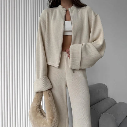 Knit Women 2 Piece Outfit Round Neck Zipper Loose Cuffs Cropped Coat For Lady Sporty Elatic Waist Autumn Female Wide Leg Pants.