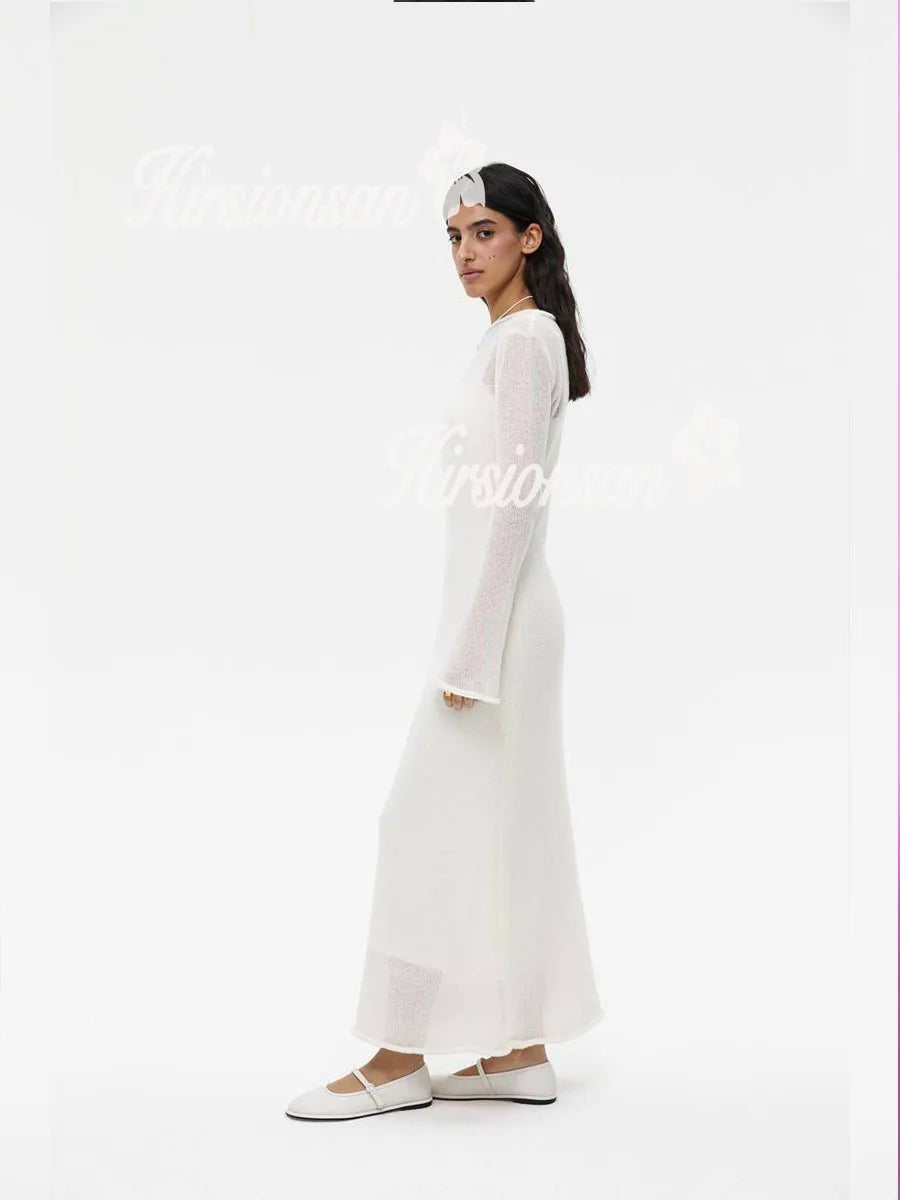 Hirsionsan Frühling Herbst Oansatz Elastische Stricken Lange Kleider Frauen 2024 Elegante Chic Weiche Dame Aushöhlung Pullover Kleider Femme Neue