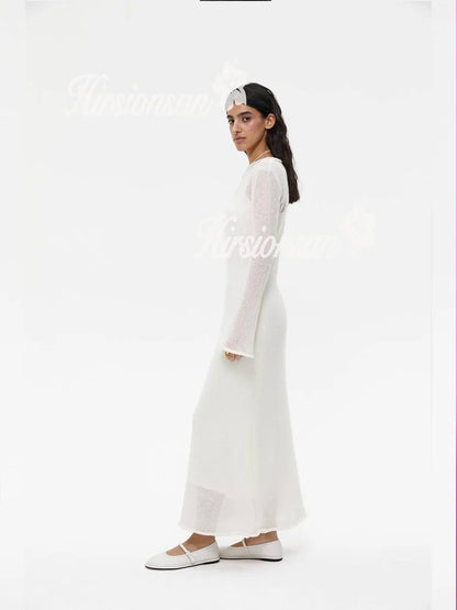 Hirsionsan Frühling Herbst Oansatz Elastische Stricken Lange Kleider Frauen 2024 Elegante Chic Weiche Dame Aushöhlung Pullover Kleider Femme Neue