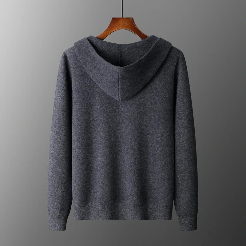 Men's 100% Cashmere Sweater Zipper Hooded Cardigan Warm Air Layer Thickened Jacket Jacquard Casual Knitted Wool Sweater.