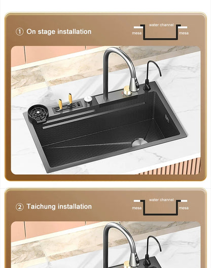 Large Single Slot Embossed Stainless Steel Waterfall Kitchen Sink  Household Wash basin Dishwashing  Sink For Kitchen