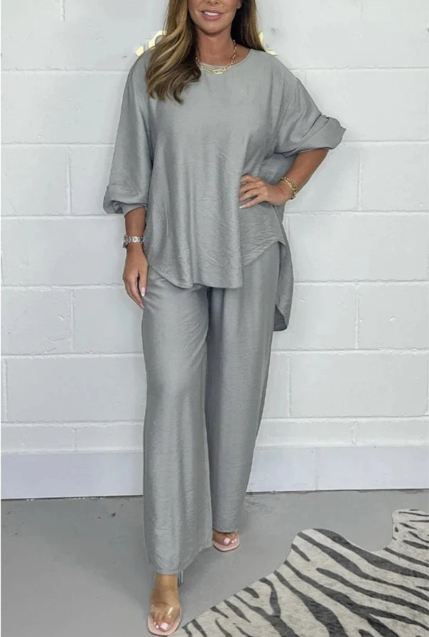 Women's Suit Casual Loose Solid Color Satin 2-piece Set Spring Fall New Blouse Top + Pants Sets Daily Wear Elegant Outfit Female.