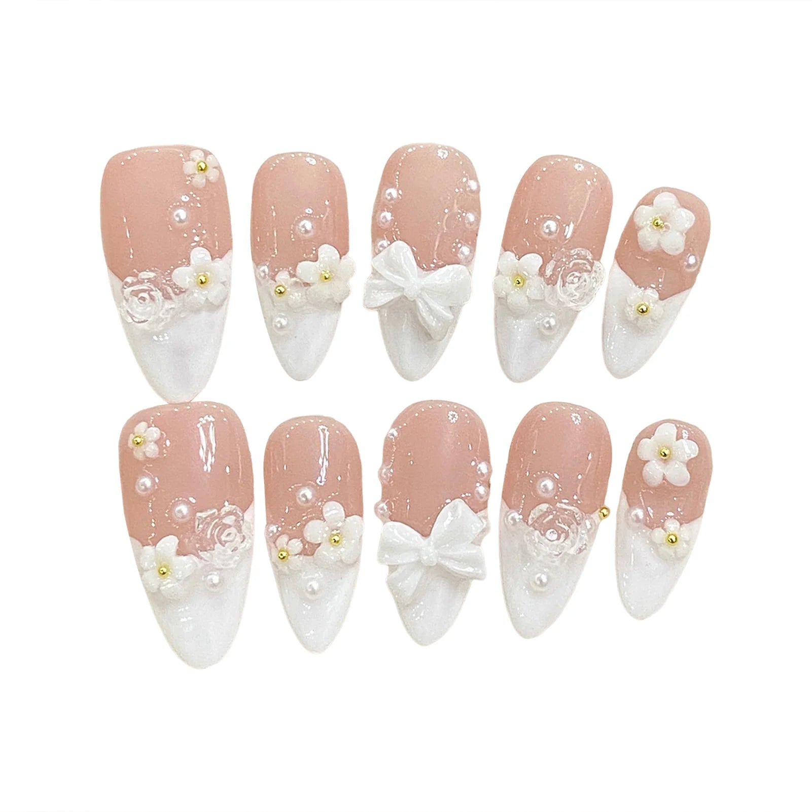 10pcs 3D Bowknots Press On Nails Handmade Almond White French Style Fake Nail Cute Flower Designs INS Korean Wearable Manicure.