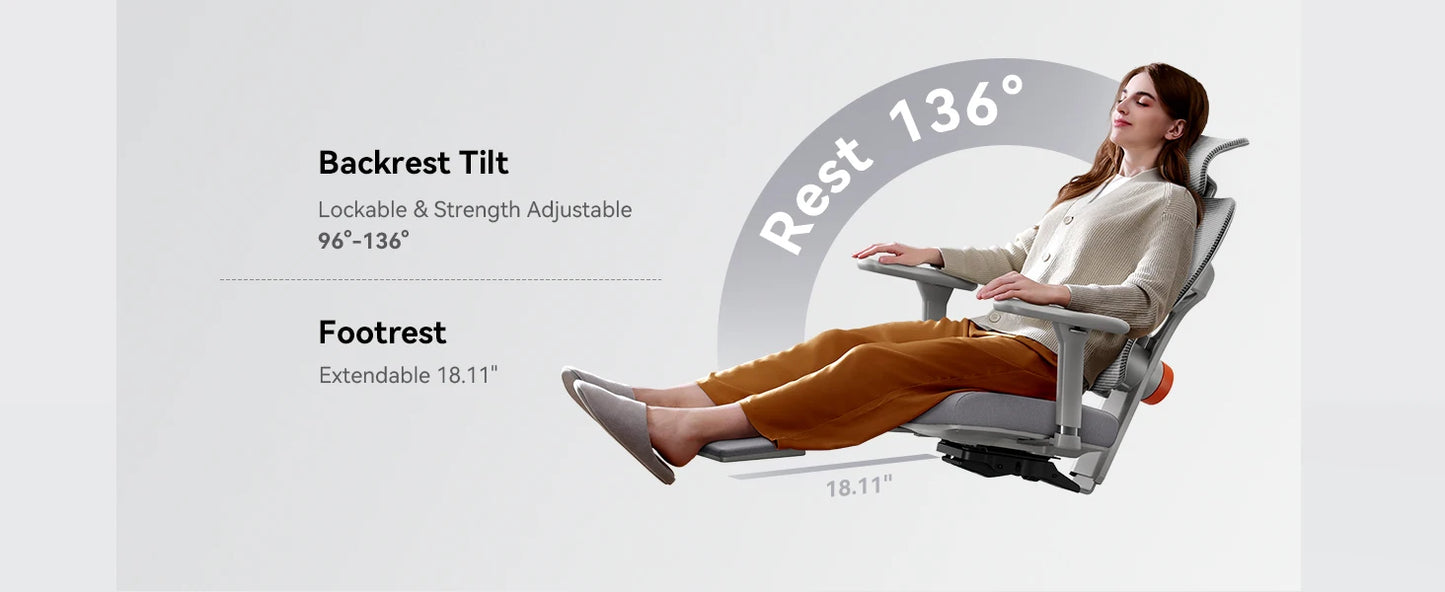 NEWTRAL NT002 Ergonomischer Bürostuhl mit Fußstütze, adaptiver Lordosenstütze, 3D Armlehne und Verstellbare Kopfstütze, Schreibtischstuhl aus Mesh für Büro