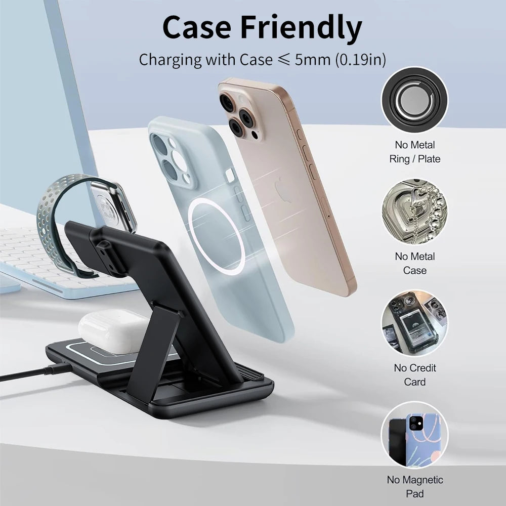 100W 3 in 1 Night Light Wireless Charger Stand For iPhone 16 15 14 Apple Watch 2-8 SE Airpods Pro Fast Charging Foldable Holder.