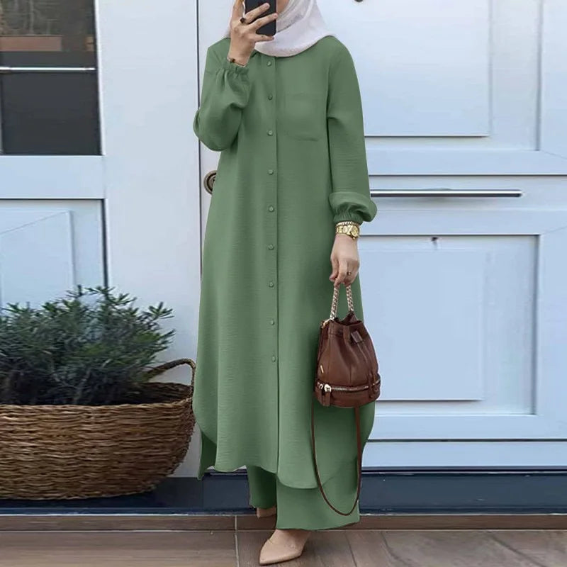 Mandylandy Muslim Robe Long Shirts Women Islamic Clothing Arabian 2 Piece Set Outfits Long-sleeve Shirt and Trousers Sets.
