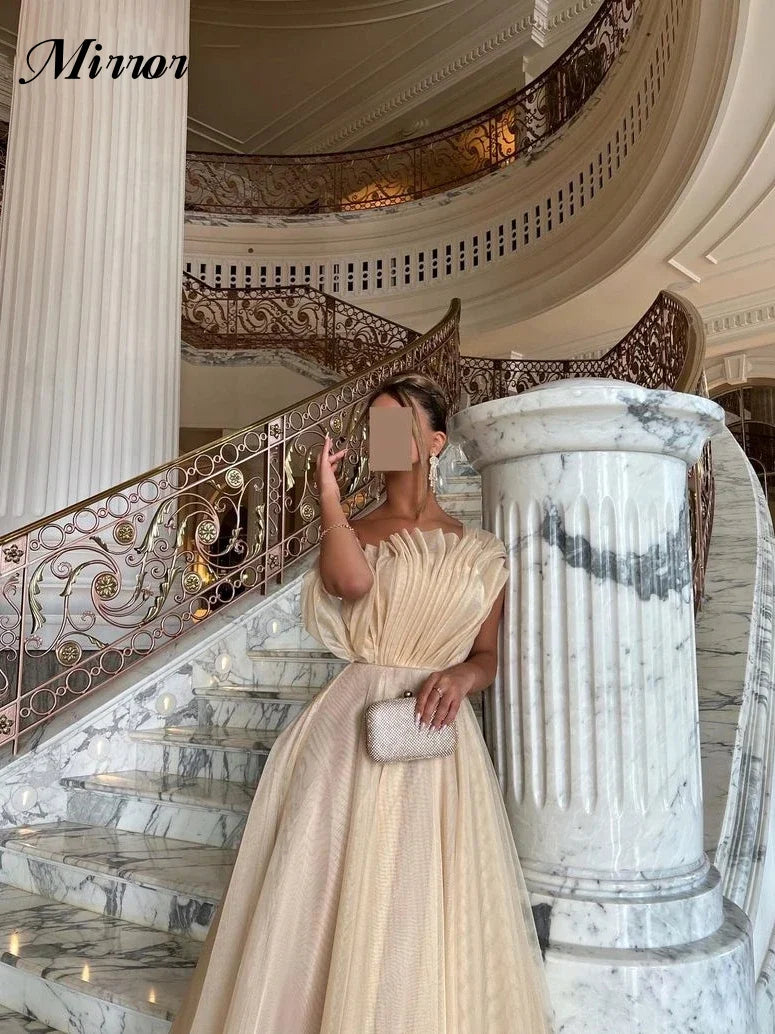 Spiegel kleid elegante Vintage süße glänzende Champagner Rüschen A-Linie maßge schneiderte formale Gelegenheit Abschluss ball Kleid Abend Party Kleider.