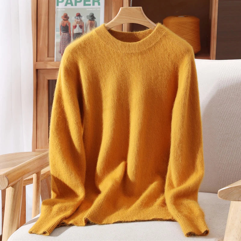 Women's Round-neck Mink Cashmere Sweater Soft Pullover Jumper Comfortable Knitted Top for Autumn Winter Pure Mink Material