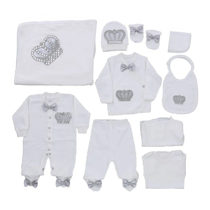 10-teiliges blaues 100 % Baumwollgewebe, gestrickt, Großhandel, individuell gestaltet, Neugeborene, neues Design, Winterkleidung, Kleidung, Luxus-Baby-Strampler-Set