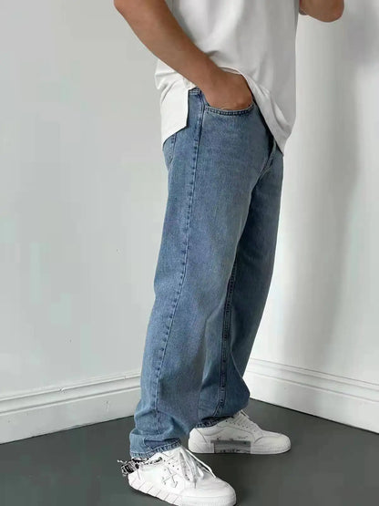 Men Comfortable Straight Casual Jeans Male Soft Baggy Outside Denim Pants Classic Elastic Waist Solid Office Work Denim Trousers.