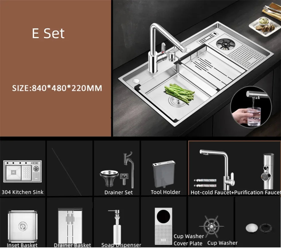 Large Size Nano Meter Cup Rinser Stepped Kitchen Sink 304 Stainless Steel 4mm Thickness Handmade Sinks With Knife Holder