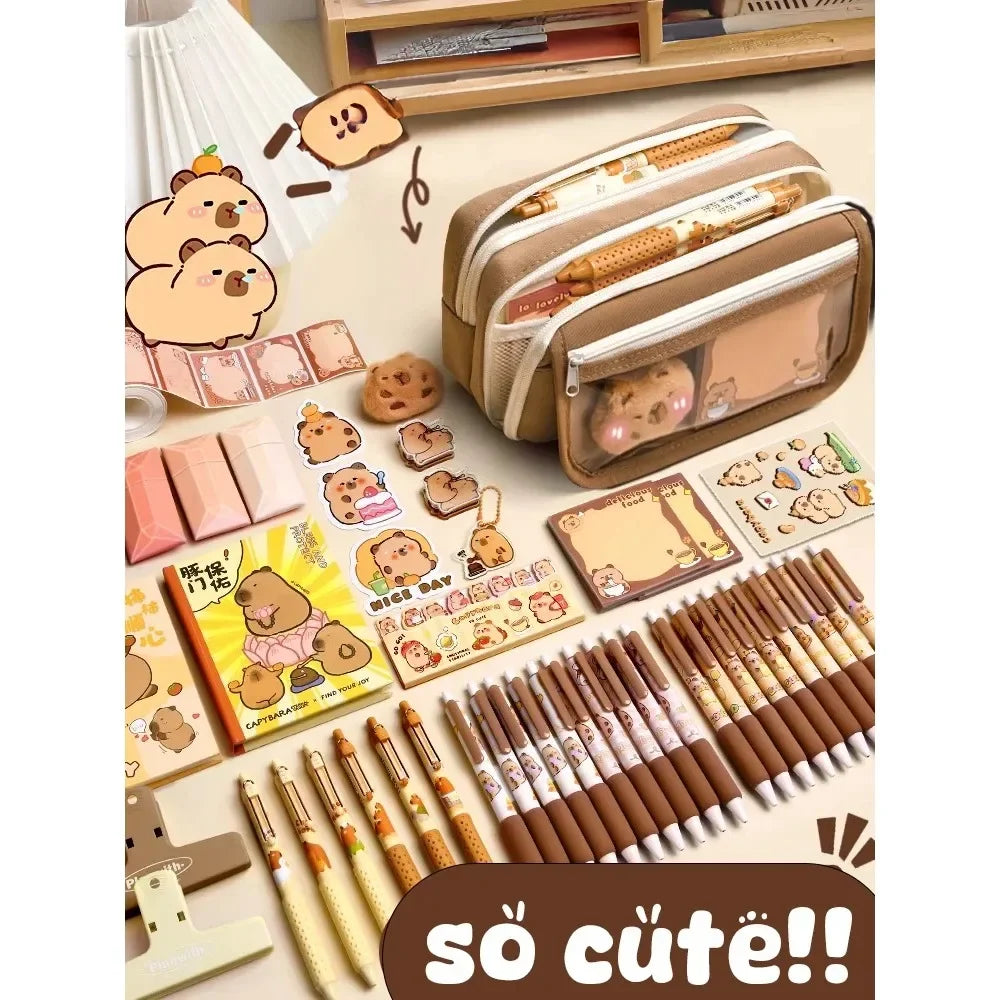 Große Kapazität Bleistift Tasche Capybara Cartoon Leinwand Schreibwaren Halter Tasche Mit Broschen Aufkleber Clips Schlüsselanhänger Kinder Stift Fall.