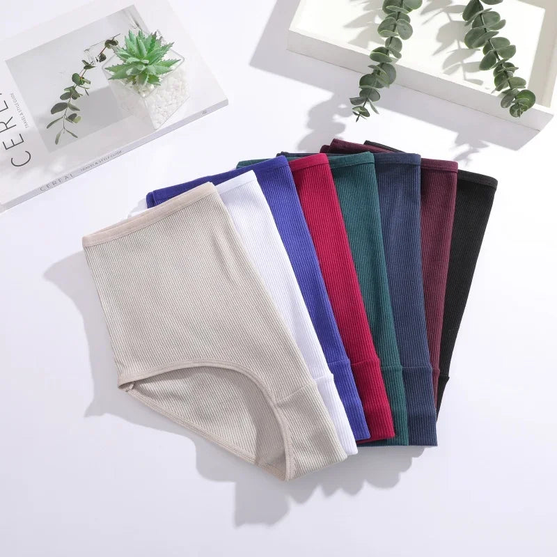 7Pcs Women's Cotton Panties Solid Color Plus Size Briefs Female Mid Waist High Elastic Underwear Cozy Breathable Lingerie S-2XL.