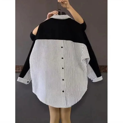 Plus Size Women's Loose-Fit Slimming Medium-Length Color Blocking Striped Shirt Fashionable Top Stylish Hiding Body Shape.