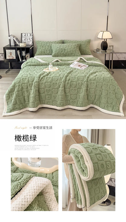 Heart Pattern Coral Fleece Blanket Autumn Winter Double Layer Thicken Warm Plush Blanket for Bed Fluffy Soft Sofa Throw Blankets