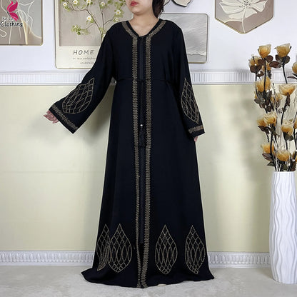 New Dubai Women Elegant Dress Diamonds Chiffon Open Abaya with Zipper Islamic Turkey Clothing Women Muslim Party Evening Dress.