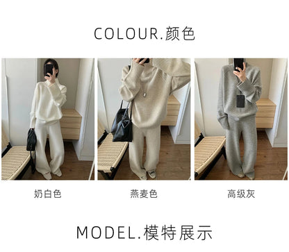 Zweiteiliger Anzug aus 100 % Merinowolle für Damen, O-Kragen-Pullover, Pullover, weites Bein, Hosen-Set, Herbst-Winter, lockere, bequeme Strickwaren