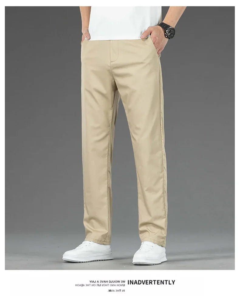 Thin Men Bamboo Summer Pants Casual High Quality Business Classic Fashion Stretch Slim Formal Straight Trousers Black Gray Khaki