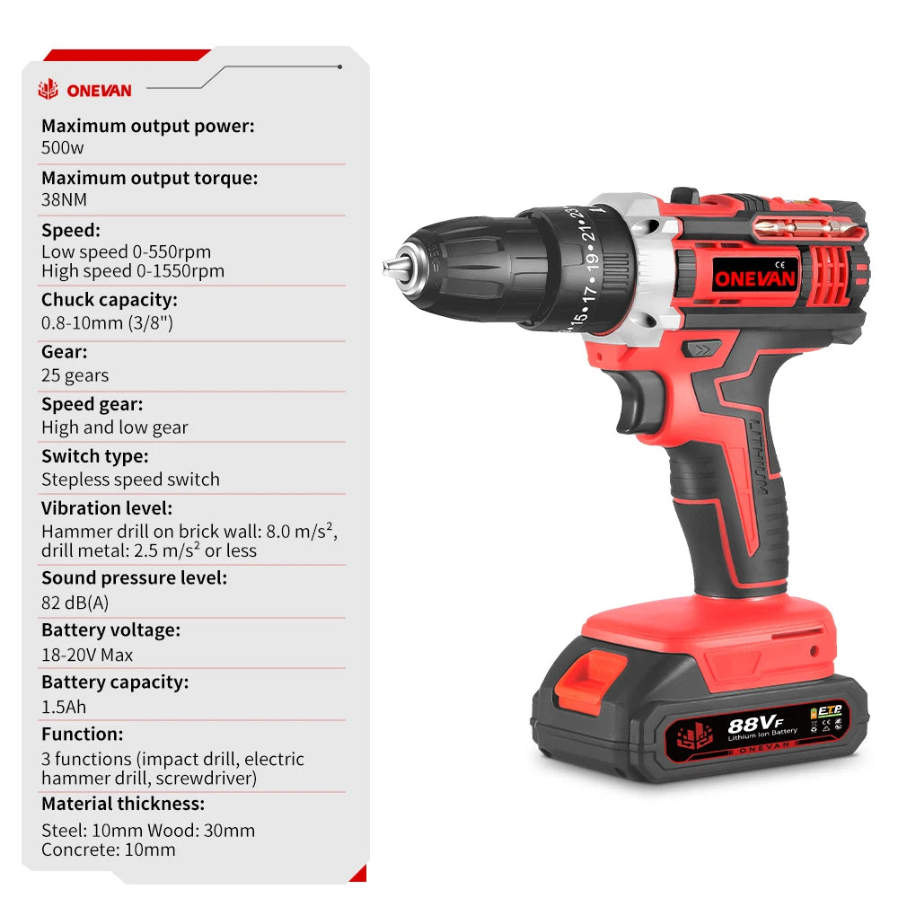 ONEVAN 500W Elektrische Schlagbohrmaschine Set Hammer 38N.M Bohrer Akkuschrauber Holzbearbeitung Elektrowerkzeuge Für Makita Batterie Pin