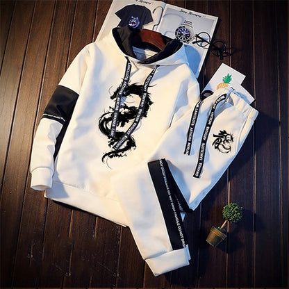 Trendy 2025 Chinese Dragon Print Hoodies Tracksuit for Men Winter Autumn Casual Jogging Outfit Athletic Sportswear Sweatpants.
