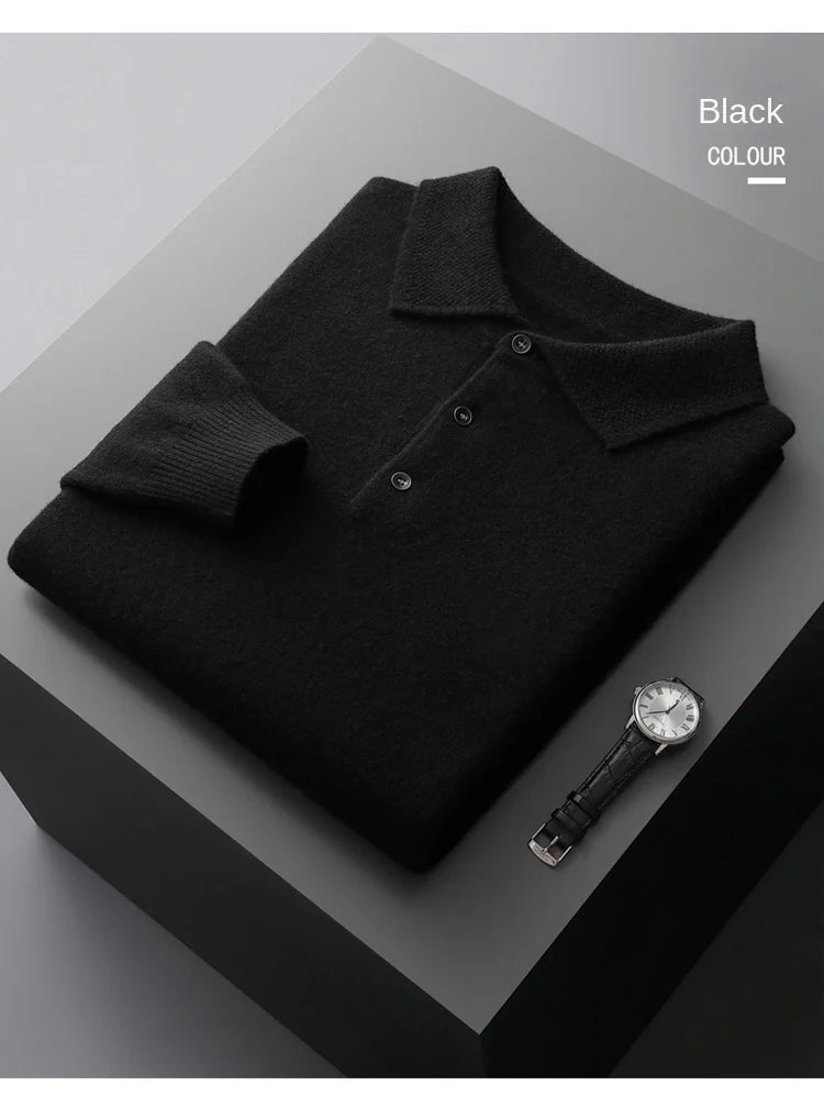 2025 Men's Autumn And Winter 100% Merino Pure Wool Knitted Sweater Men's Business Casual Knitted Polo Collar Pullover Top YJ1815.