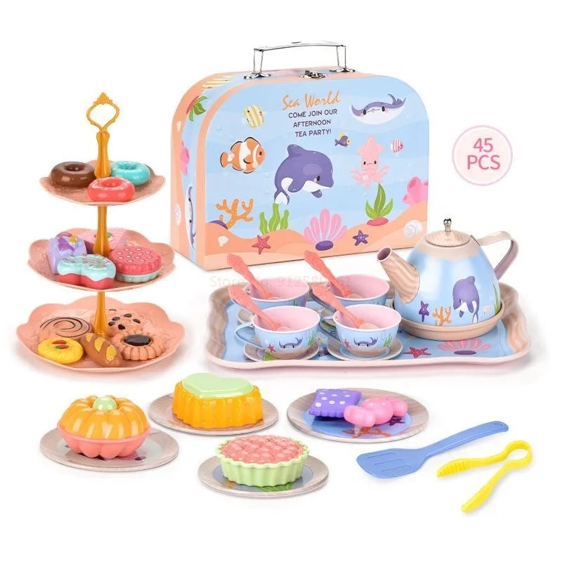 Kids Tea Party Set For Little Girls Mermaid Gift Pretend Toy Tin Tea Set Princess Tea Time Kitchen Pretend Play Tea Set Gift