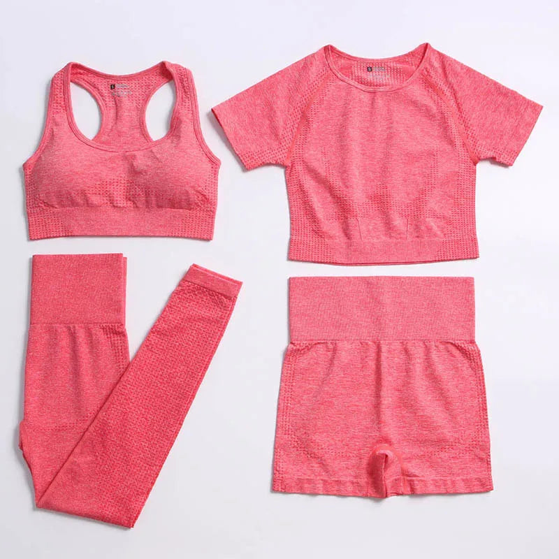 2/4PCS Summer Seamless Yoga Set Women Workout Clothes Sports Bra Short Sleeve Crop Top High Waist Legging Fitness Sports Suits.