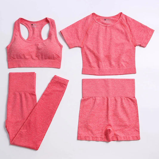 2/4PCS Summer Seamless Yoga Set Women Workout Clothes Sports Bra Short Sleeve Crop Top High Waist Legging Fitness Sports Suits.