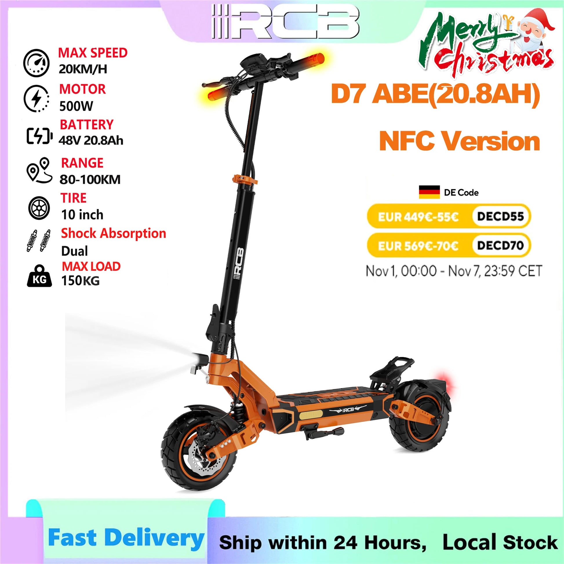RCB electric scooter D7/D7 PRO ABE (premium version), NFC/ Turn Signal/APP, 500W Motor Peak 1600, 3 Speeds E Scooter for Adults.