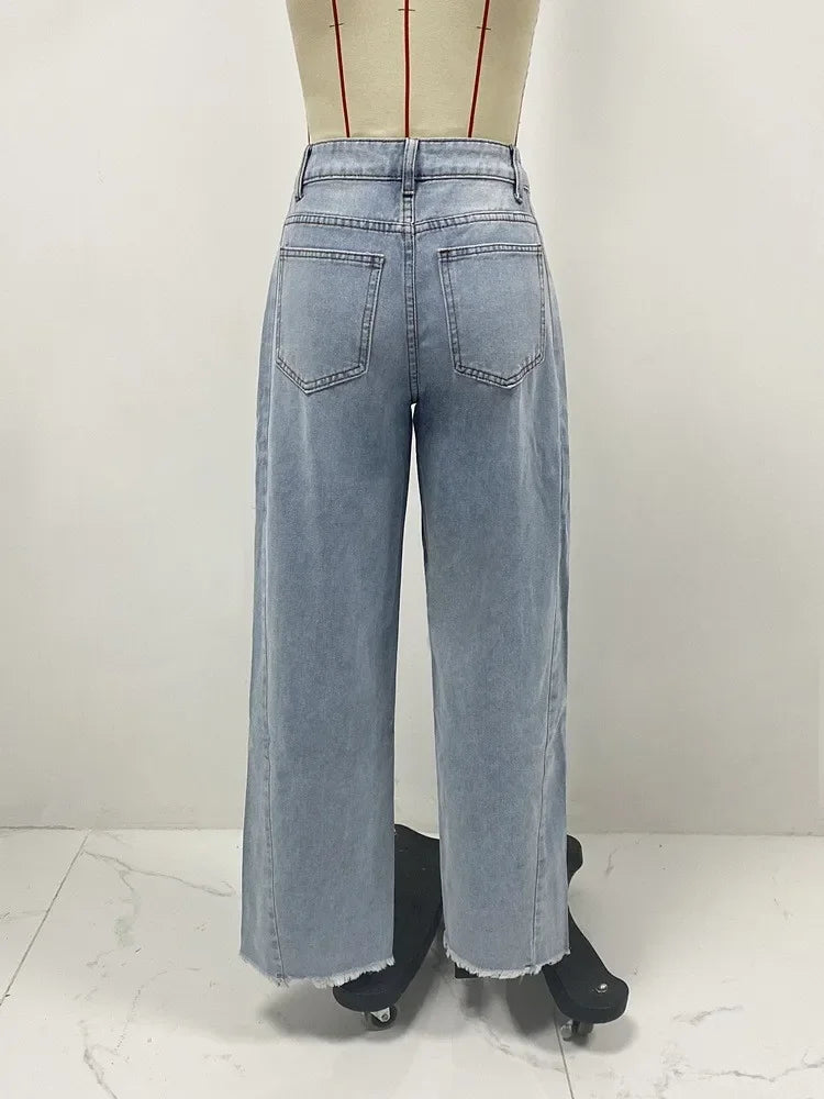 High Waist Wide Leg Denim Jeans Women's Spring 2025 Design Sensation Elegant No Stretch Comfortable Fit Female Fashionable.