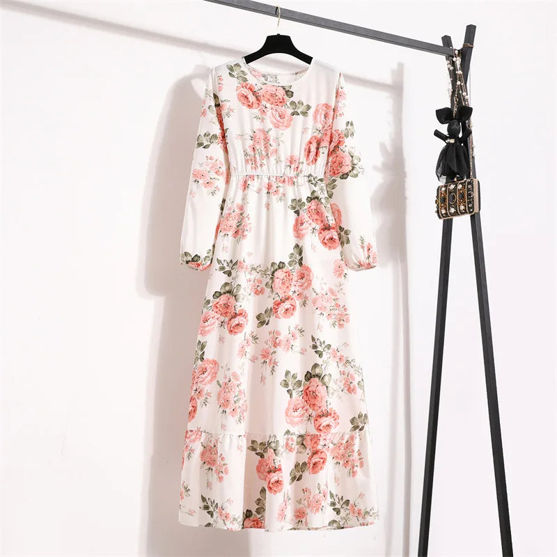 Women Floral Printed Maxi Dresses Spring Summer Casual O Neck Full Sleeve High Waist A Line Boho Beach Party Long Dress Vestidos.