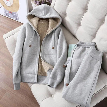 Women's Sweatshirt Pants Suit Autumn and Winter Warm Long-sleeved Fleece Thick Hoodie Coat Jogger Pants Sportswear Two-piece Set.