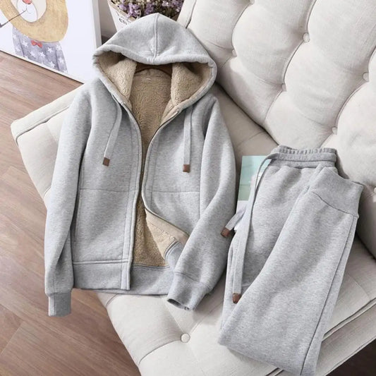 Women's Sweatshirt Pants Suit Autumn and Winter Warm Long-sleeved Fleece Thick Hoodie Coat Jogger Pants Sportswear Two-piece Set.