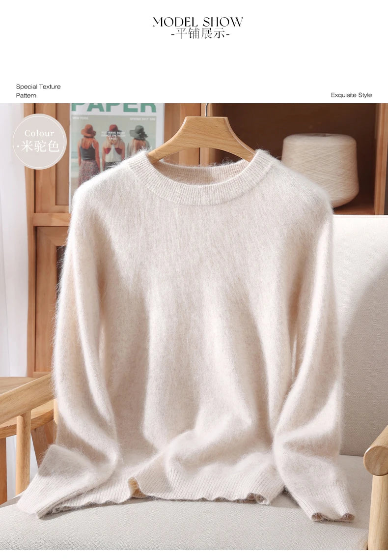 Women's Round-neck Mink Cashmere Sweater Soft Pullover Jumper Comfortable Knitted Top for Autumn Winter Pure Mink Material.