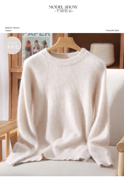 Women's Round-neck Mink Cashmere Sweater Soft Pullover Jumper Comfortable Knitted Top for Autumn Winter Pure Mink Material.
